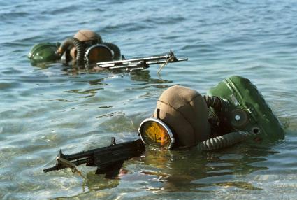 Водолазы выныривают из воды с оружием.