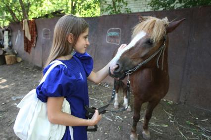 30.08.2010 Самара, Россия. Девушка гладит пони