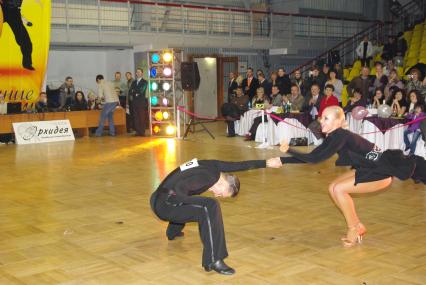 Чемпионы Европы по 10 танцам 2010 года Юрий Симачев и Анастасия Клокотова, 27 ноября 2010 года. Спортивные бальные танцы, латиноамериканская программа, рубма, джайв, посодобль, ча-ча-ча, самба, партнер и партнерша, мужчина и женщина, танец любви, соревнование, паркет.
