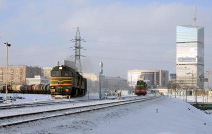 Московская окружная железная дорога (МОЖД), Москва, январь 2011 года. Поезд. Пути. Локомотив. Товарный. СИТИ.