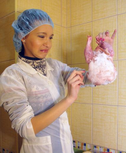 Девушка в белом халате и чепчике брезгливо смотрит на замороженную курицу, Саратов, 23 декабря 2010 года. Курица, полуфабрикат, проверка качества, сертификация, некачественный товар, заморозка, окорочка, мясная промышленность, антисанитария, санэпиднадзор, испорценный продукт, молодая хозяйка, повар, общепит,