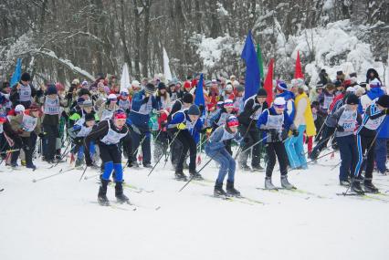 Ежегодная лыжня России, Саратов, 14 февраля 2010 года. Лыжи, лыжники, лыжный забег, соревнование, конкурс, зима, спорт, спортсмены, здоровье, лыжная форма, зимние развлечения, отдых, зимние виды спорта.