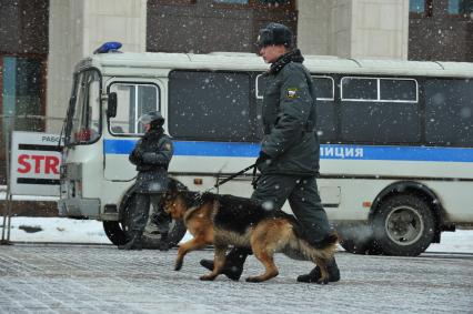 Россия. Москва. 15 января 2011. Манежная площадь, милиция, милиционер. Служебная собака.