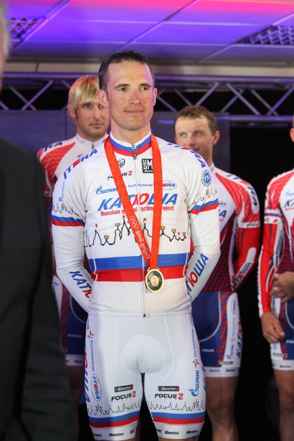 26 января 2011. Россия. Москва. Участник команды сезона 2011 года Александр Колобнев на презентации команды национального российского велопроекта Катюша Общероссийского проекта развития велосипедного спорта.