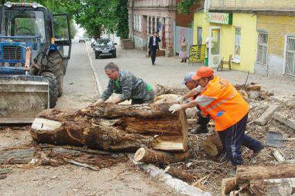 Гастарбайтеры катят спиленное дерево по дороге, Саратов, 19 мая 2010 года