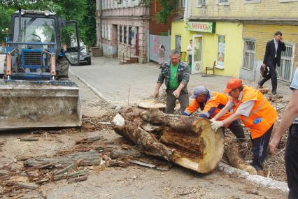 Гастарбайтеры катят спиленное дерево по дороге, Саратов, 19 мая 2010 года