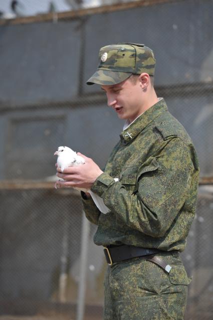 Солдат на голубятне с голубем в руках, Москва, 28 апреля 2011 года