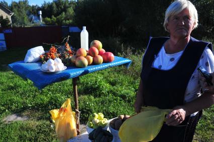 Придорожная торговля. На снимке: пенсионерка торгует продуктами. 25 августа  2011 года.