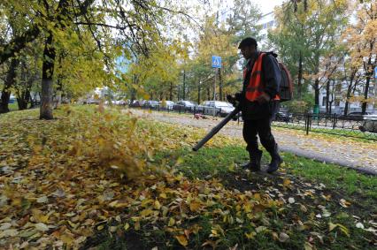 Рабочий убирает листву. Москва. 11 октября 2011 года.
