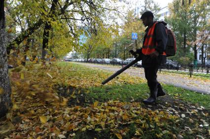 Рабочий убирает листву. Москва. 11 октября 2011 года.