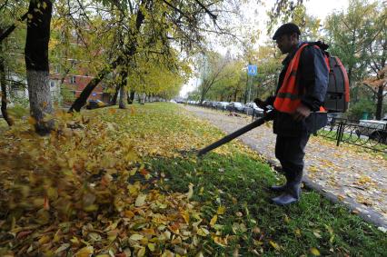 Рабочий убирает листву. Москва. 11 октября 2011 года.