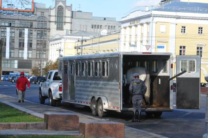 Конный патруль. На снимке: полицейский заводит лошадей в автофургон. 18 октября 2011 года.