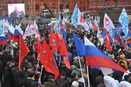 Участники митинга сторонников президента РФ Дмитрия Медведева и премьер-министра РФ Владимира Путина СЛАВА РОССИИ! на Манежной площади. 12 декабря  2011 года.