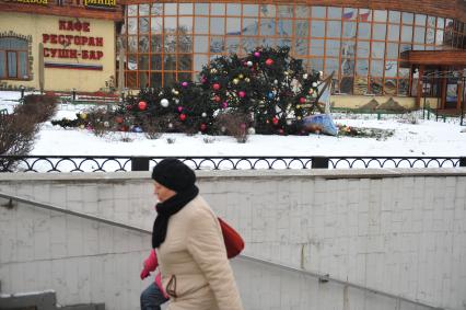 Праздничная Москва. Упавшая новогодняя елка у ресторана УСАДЬБА ПРИНЦА на Каширском шоссе. 28 декабря 2011 года.