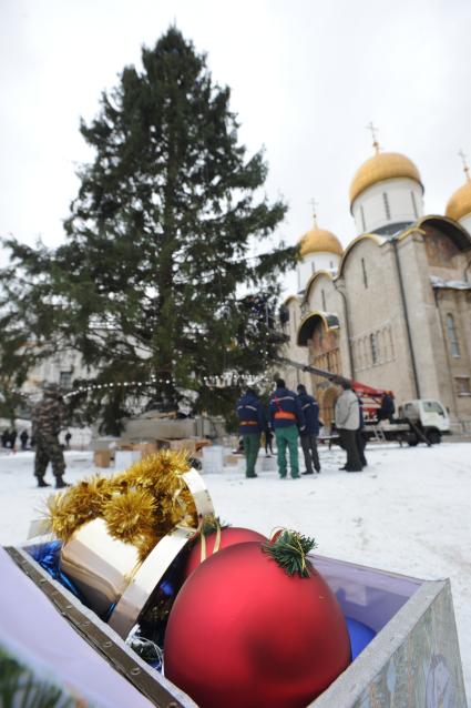 Установка новогодней елки на Соборной площади Московского Кремля. 21 декабря  2010 года.