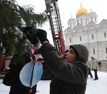 Установка новогодней елки на Соборной площади Московского Кремля. 21 декабря  2010 года.