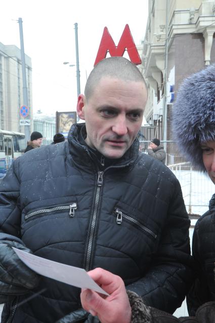 Во время митинга КПРФ ЗА ДОСТОЙНУЮ ЖИЗНЬ И ЧЕСТНЫЕ ВЫБОРЫ на Манежной площади. На снимке: лидер ЛЕВОГО ФРОНТА Сергей Удальцов. 21 января 2012 года.