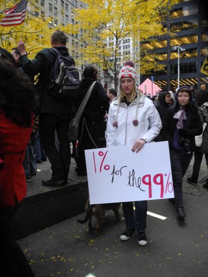 Митинг участников движения `Захвати Уолл-стрит` в Нью-Йорке. На снимке: Участница митинга с плакатом.