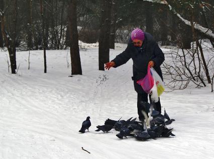 Бабушка кормит голубей в парке.