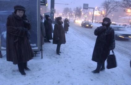 Люди на остановке во время метели в городе.