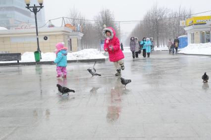 Дети гоняют голубей.