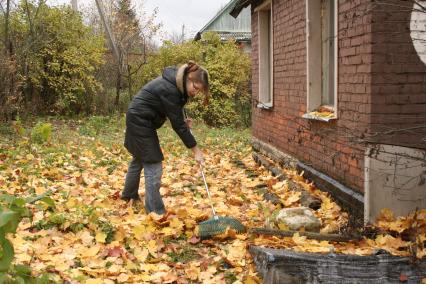 Женщина на дачном участке убирает опавшие листья.