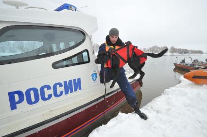 Коломенский район. Показное тактико-специальное учение  Коломенского районного звена Московской областной системы предупреждения и ликвидации чрезвычайных ситуаций по ликвидации последствий весеннего половодья на территории района. На снимке: специалист-кинолог МЧС со служебной собакой у спасательного катера МЧС.