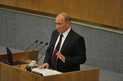 Премьер-министр РФ Владимир Путин во время выступления в Госдуме с отчетом о работе правительства в 2011 году.