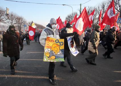 Митинг за честные выборы. Мужчина в маске с пяточком на шее которого висит плакат: `От отката до распила`.