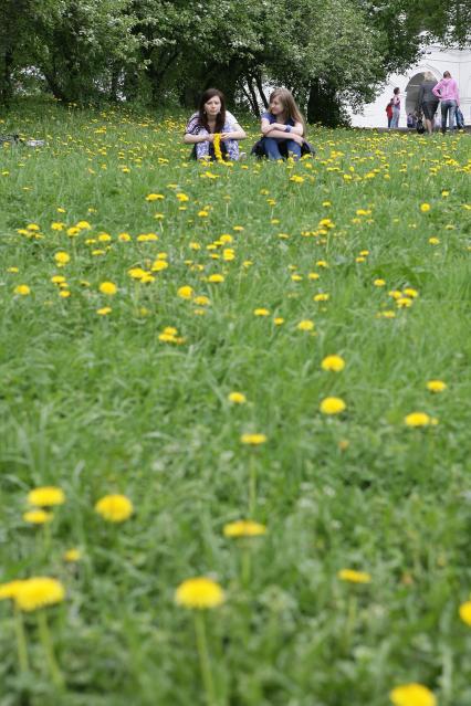Музей-заповедник `Коломенское`. На снимке: девушки сидит на траве в яблоневом саду.