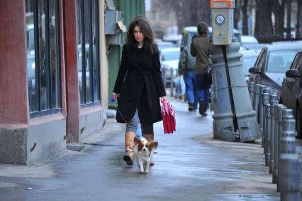 Девушка с собакой идет по городу.