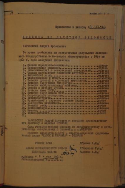 Всероссийский государственный университет кинематографии имени С.А. Герасимова (ВГИК). Репродукция документов кинорежиссера Андрея Тарковского.