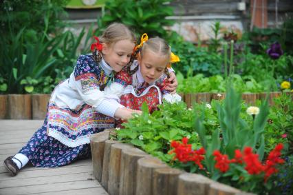 Девочки в русско- народных костюмах собирают клубнику.