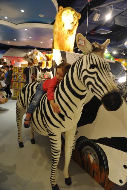 ТРЦ `Европейский`. Торжественное открытие первого российского магазина Hamleys . На снимке: девочка на игрушечной зебре.