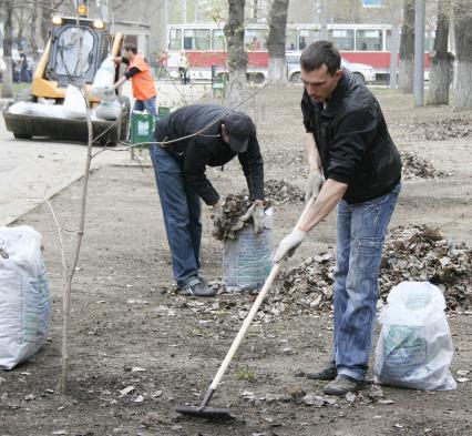 Мужчина собирает прошлогоднюю листву.