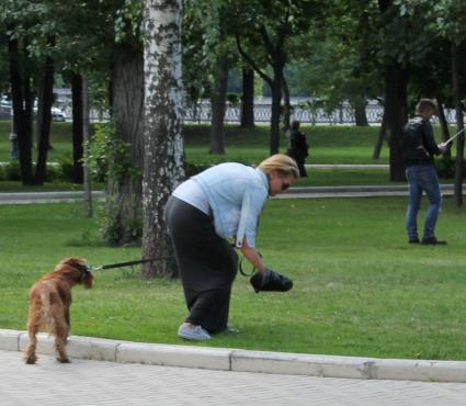 Женщина убирает помет за своей собакой.