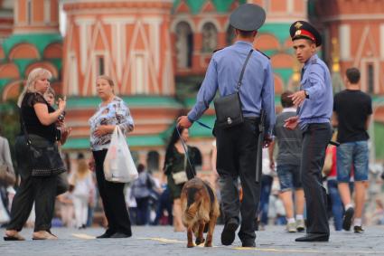 Полицейский наряд с собакой идет с Красной площади.