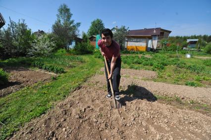 Мужчина перекапывает почву на даче.