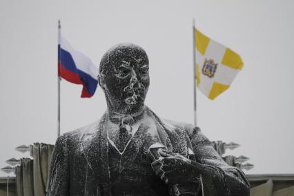В Ставрополе прошел митинг в поддержку Владимира Путина. На снимке: замерзшая статуя Ленина.