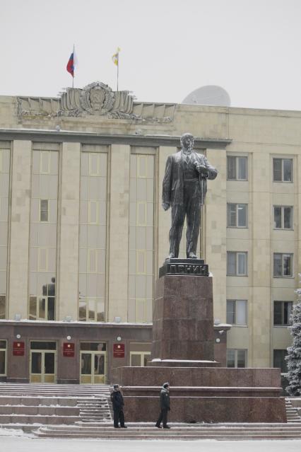 В Ставрополе прошел митинг в поддержку Владимира Путина. На снимке: замерзшая статуя памятника Ленину.