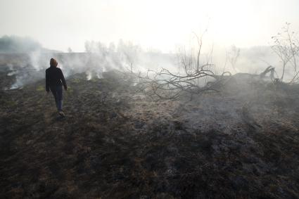 В свердловской области горят леса. Волонтеры помогают пожарным в тушении. На снимке: девушка идет по выжженной земле.