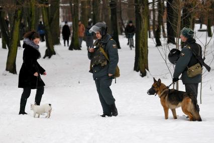 Двое полицейских, один из них с собакой, смотрят на девушку выгуливающую собаку.