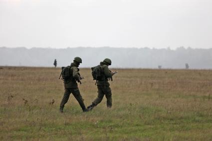 Полковые учениях 106-й гвардейской воздушно-десантной дивизии в Рязанской области. Солдаты идут по полю.