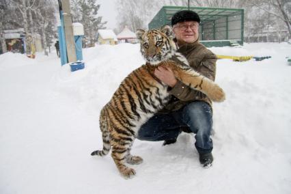 В Барнаульский зоопарк прибыла амурская тигрица по кличке Багира. На снимке: директор барнаульского зоопарка Сергей Писарев держит на руках тигрицу.