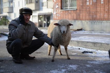 Мужчина на улице держит рукой барана.