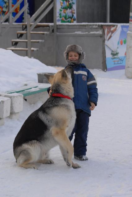 Ребенок играет с большой собакой.