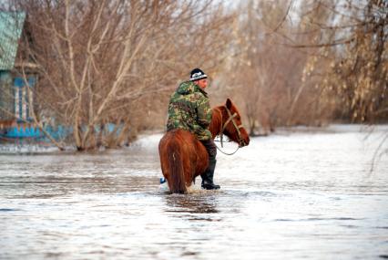 Весенним паводком затопило деревню в Самарской области. На снимке: мужчина на лошади едет по затопленной деревенской области.