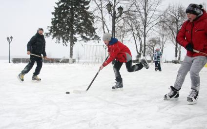 Дети играют в хоккей на льду.