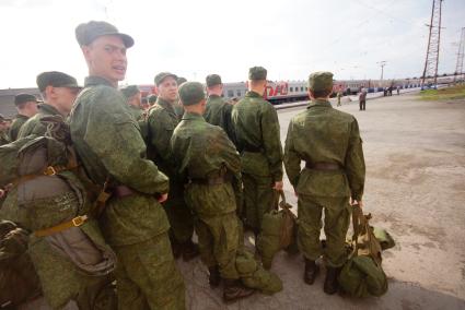 Солдаты перед отправкой в войска стоят перед поездом.