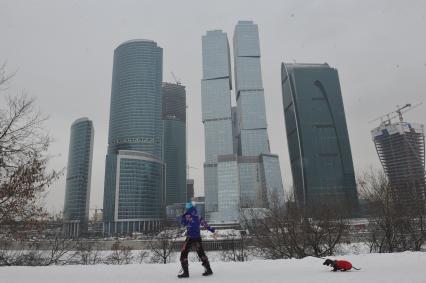 ММДЦ `Москва-Сити`. На снимке: прогулка с собакой.